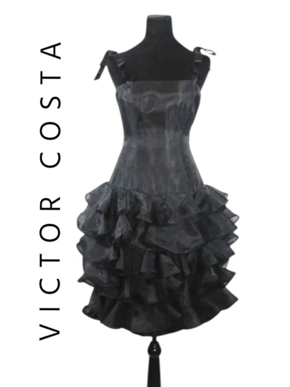 Vintage Victor Costa Black Ruffle Tiered Cocktail Dress with Tie Straps Size
